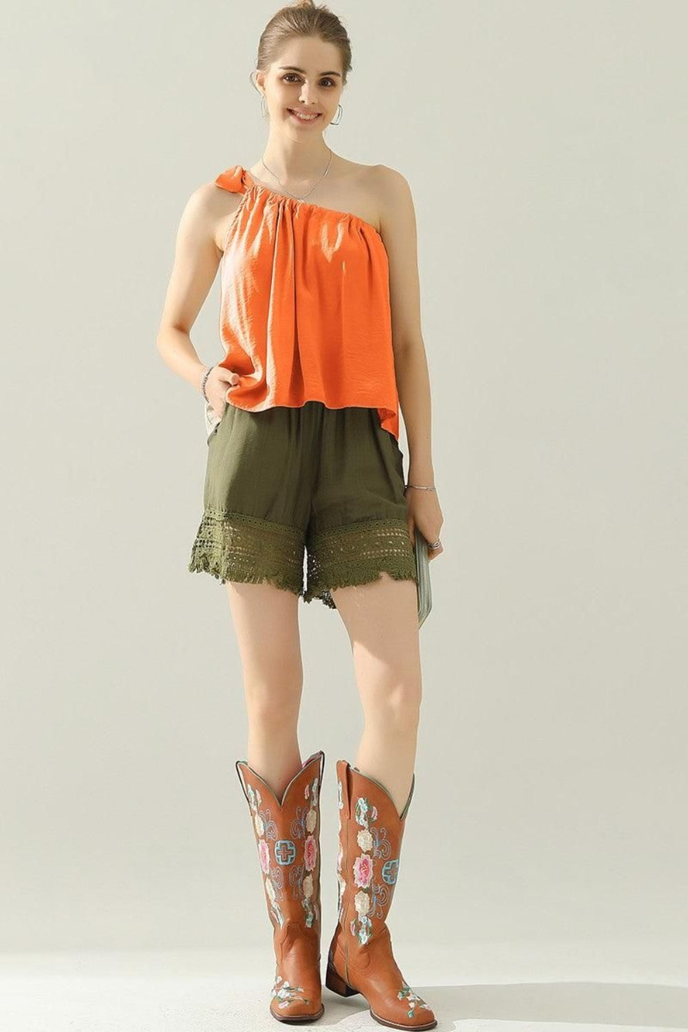Ninexis One Shoulder Bow Tie Strap Satin Silk Top