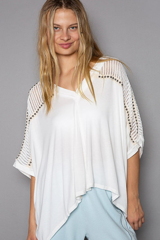 POL Oversize V-Neck Crochet Lace Contrast Studded Top