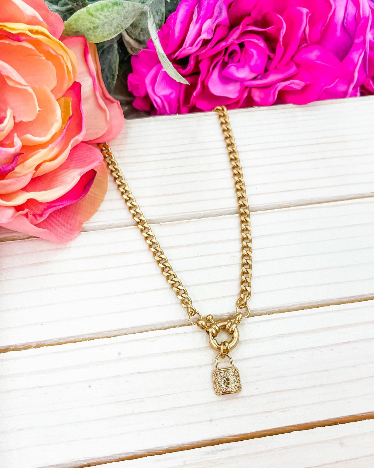 Clear Crystal Gold Lock With Key Hole Necklace